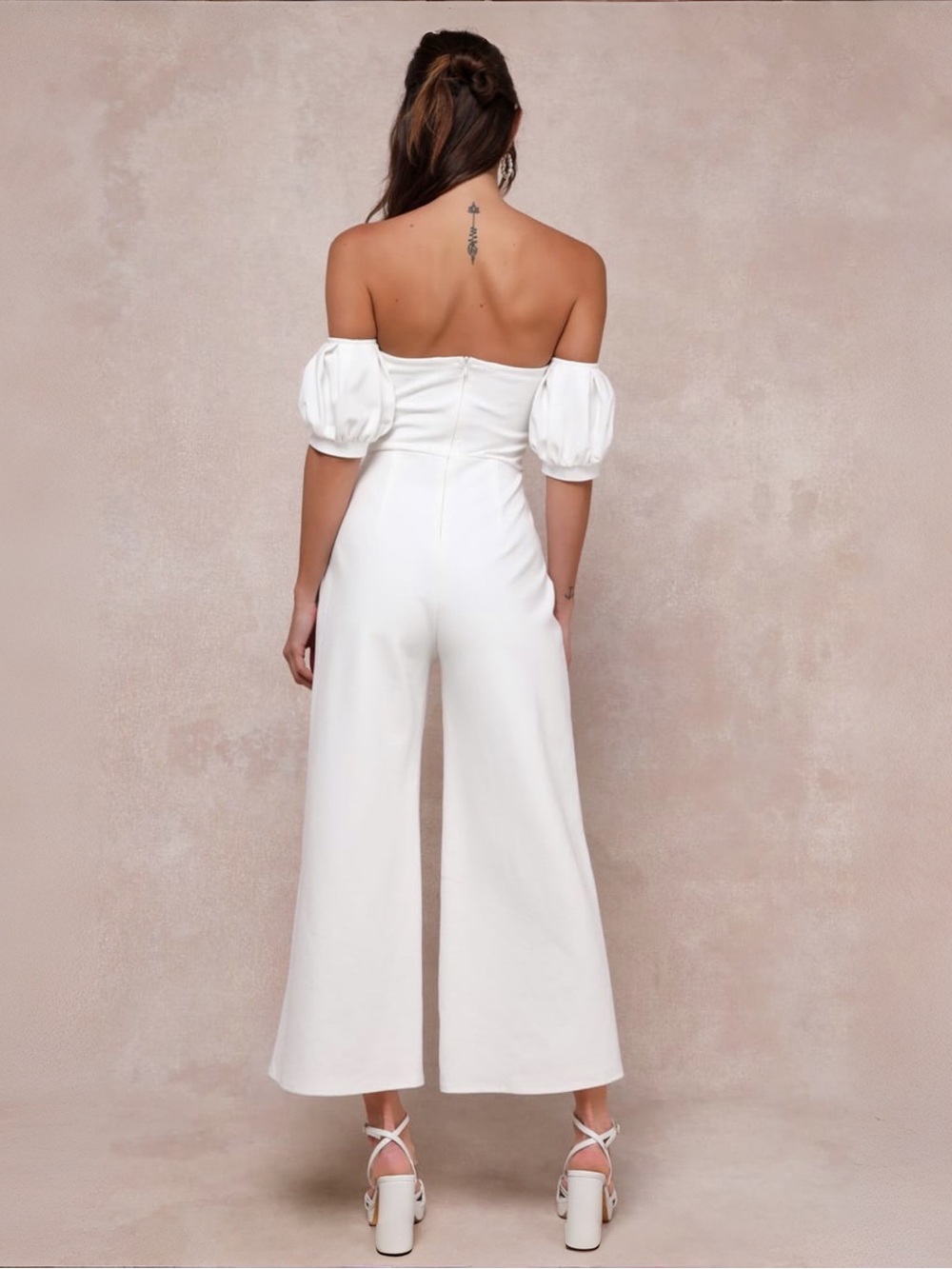 Lulus Impress Release White Off-the-Shoulder Puff Sleeve Jumpsuit Sz S NEW - Picture 3 of 9